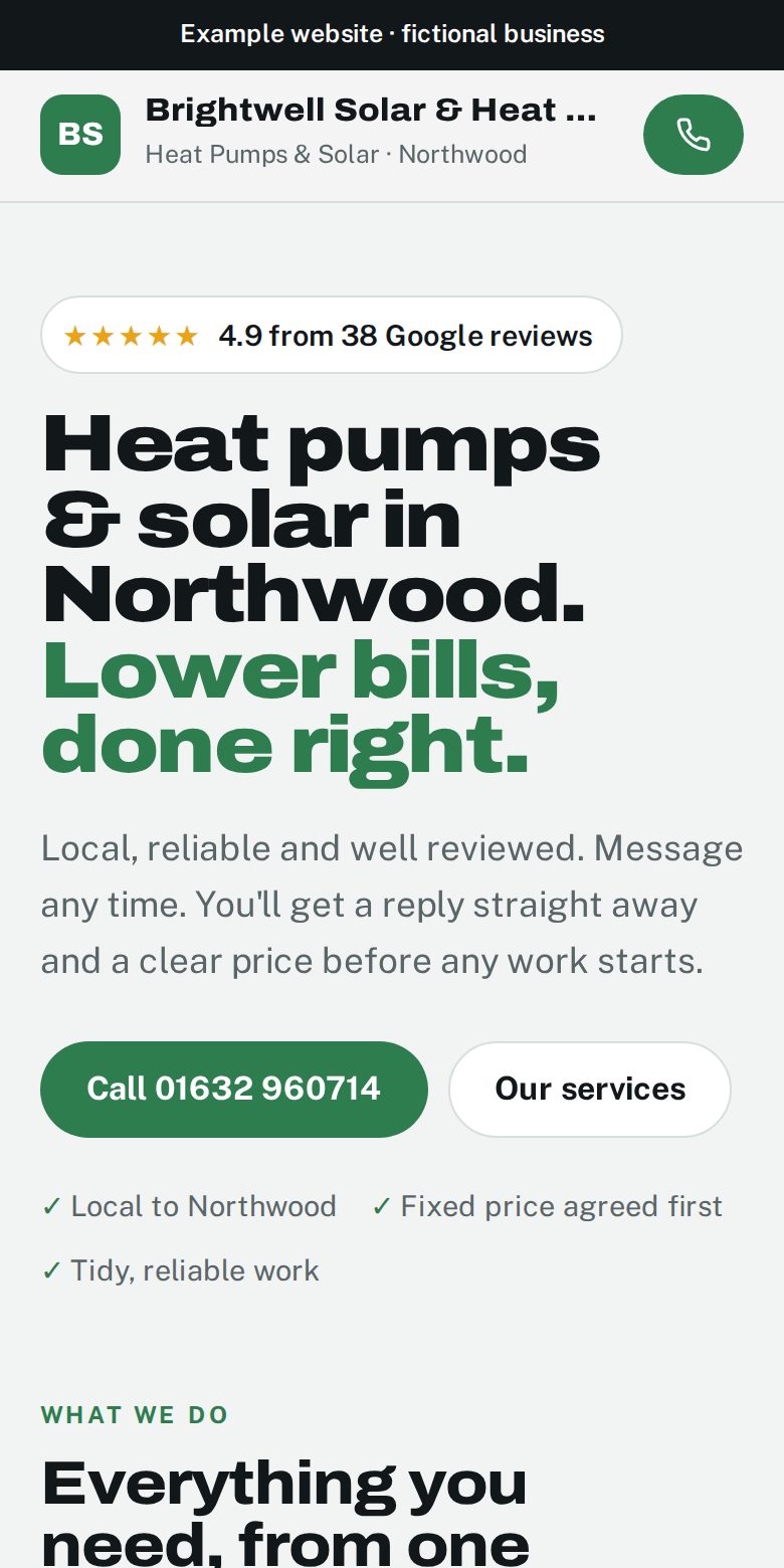 Example website for Brightwell Solar, a fictional solar installer