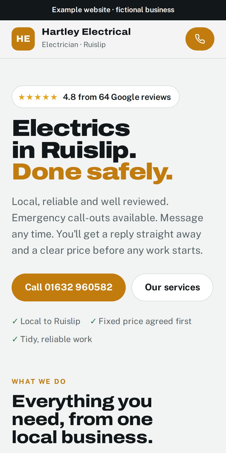 Example website for Hartley Electrical, a fictional electrician