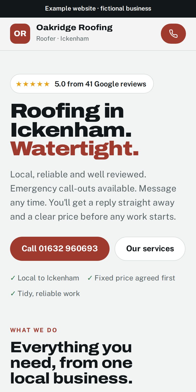 Example website for Oakridge Roofing, a fictional roofer